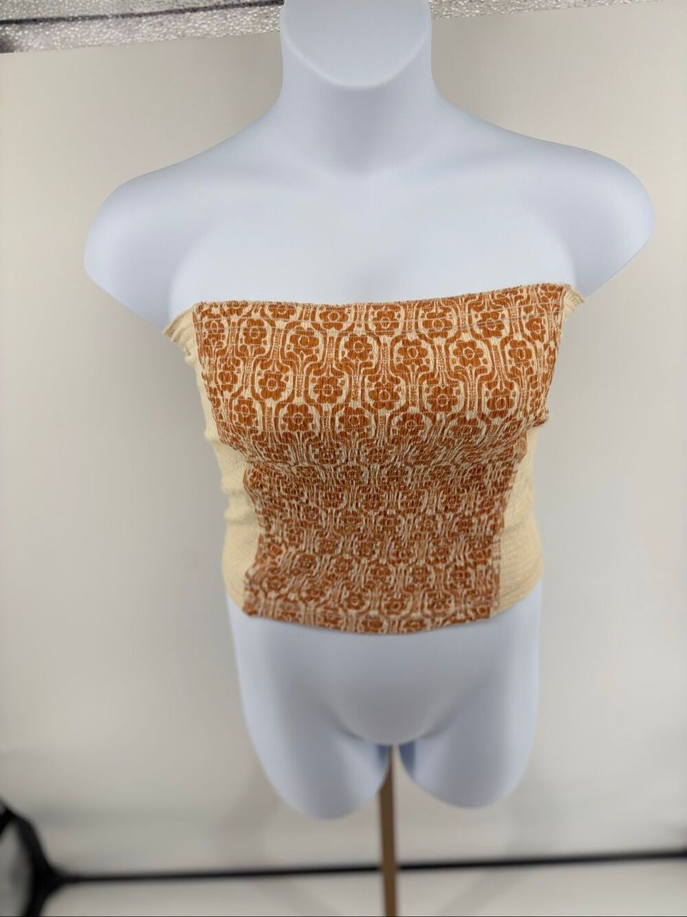 Free People In The Groove Smocked Strapless Tube Top Boho Ivory Orange L NWT